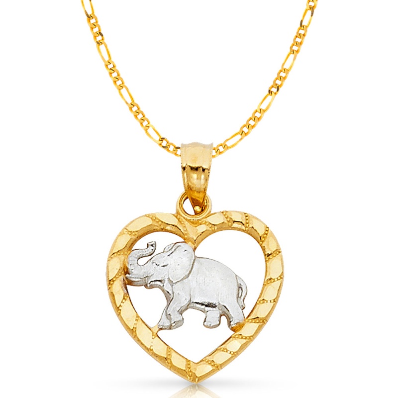 14K Gold Elephant Heart Charm Pendant With 2.3Mm Figaro 3+1 Chain Necklace