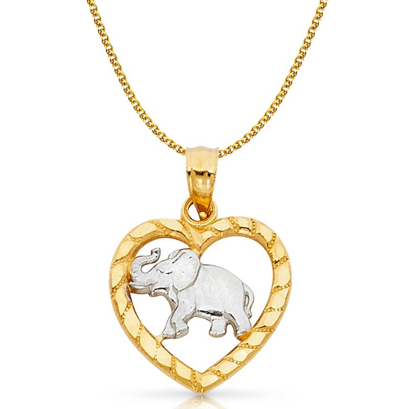 14K Gold Elephant Heart Charm Pendant With 1.5Mm Flat Open Wheat Chain Necklace