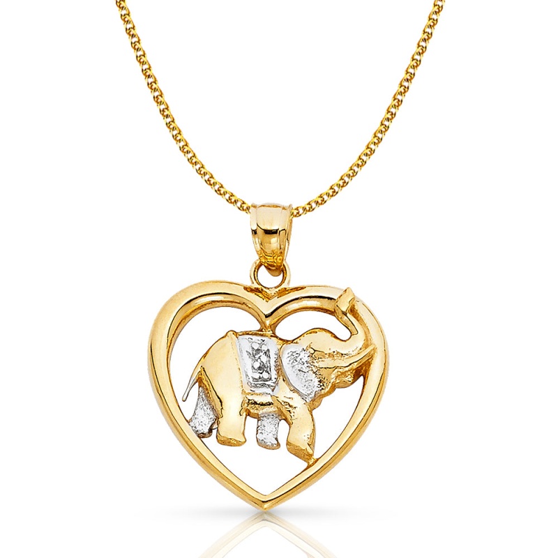 14K Gold Elephant Heart Charm Pendant With 2Mm Flat Open Wheat Chain Necklace