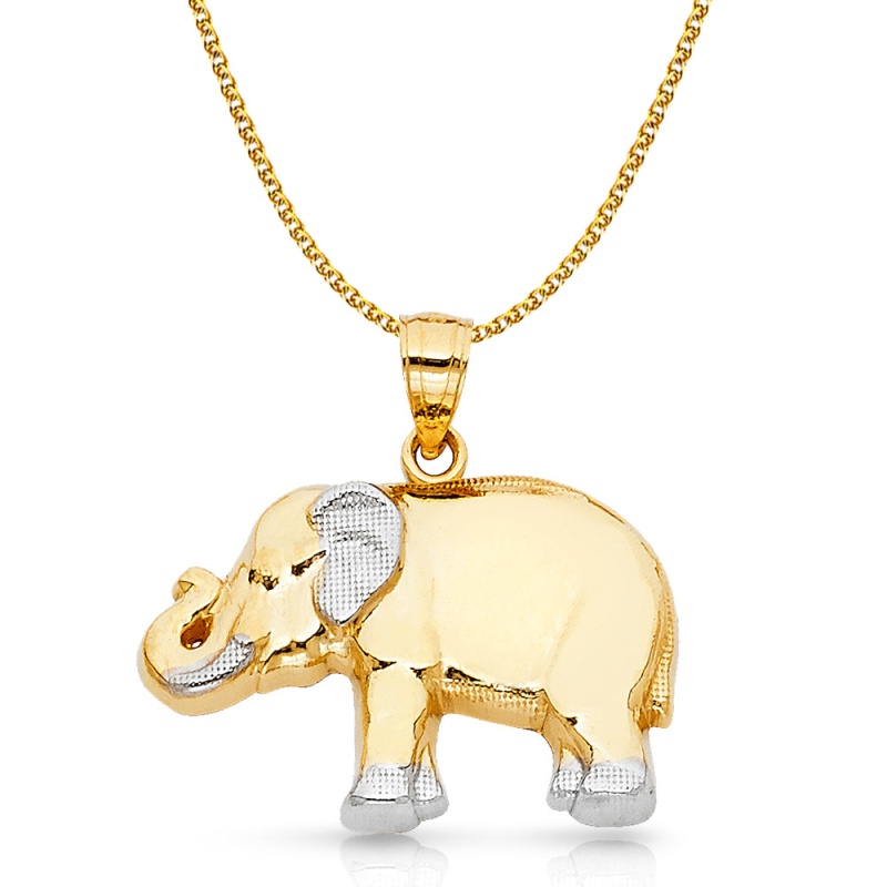 14K Gold Elephant Charm Pendant With 2Mm Flat Open Wheat Chain Necklace