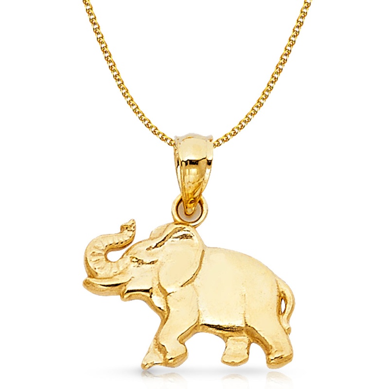 14K Gold Elephant Charm Pendant With 1.5Mm Flat Open Wheat Chain Necklace