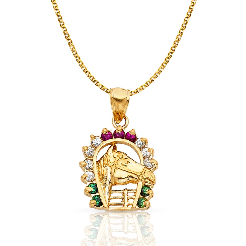 14K Gold Cz Lucky Horseshoe Charm Pendant With 2Mm Flat Open Wheat Chain Necklace