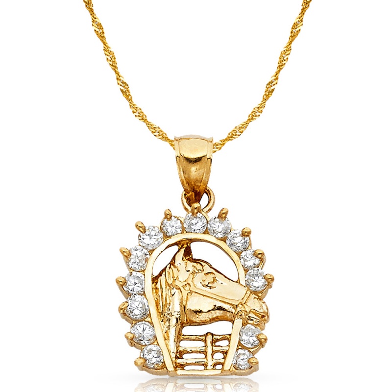 14K Gold Cz Lucky Horseshoe Charm Pendant With 1.8Mm Singapore Chain Necklace