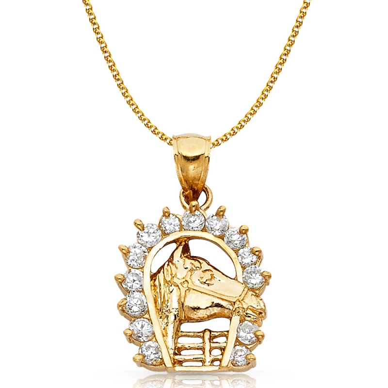 14K Gold Cz Lucky Horseshoe Charm Pendant With 2Mm Flat Open Wheat Chain Necklace