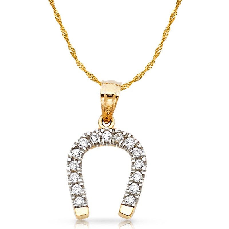 14K Gold Cz Lucky Horseshoe Charm Pendant With 1.2Mm Singapore Chain Necklace
