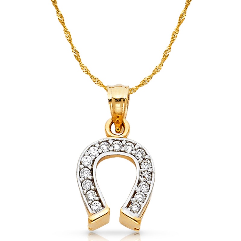 14K Gold Cz Lucky Horseshoe Charm Pendant With 1.2Mm Singapore Chain Necklace