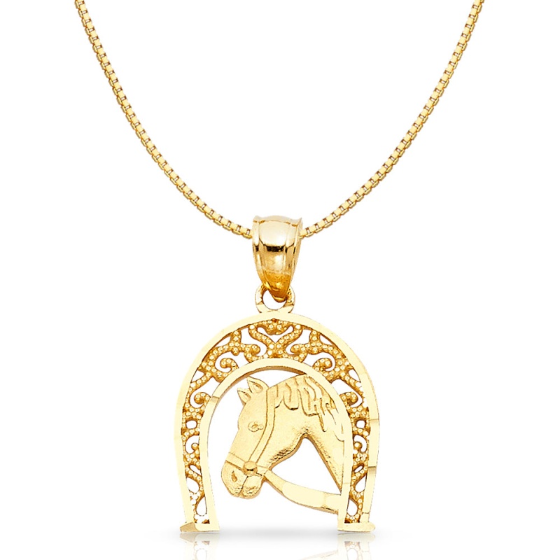 14K Gold Lucky Horseshoe Charm Pendant With 0.8Mm Box Chain Necklace