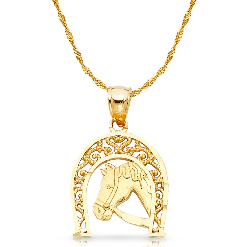 14K Gold Lucky Horseshoe Charm Pendant With 1.8Mm Singapore Chain Necklace