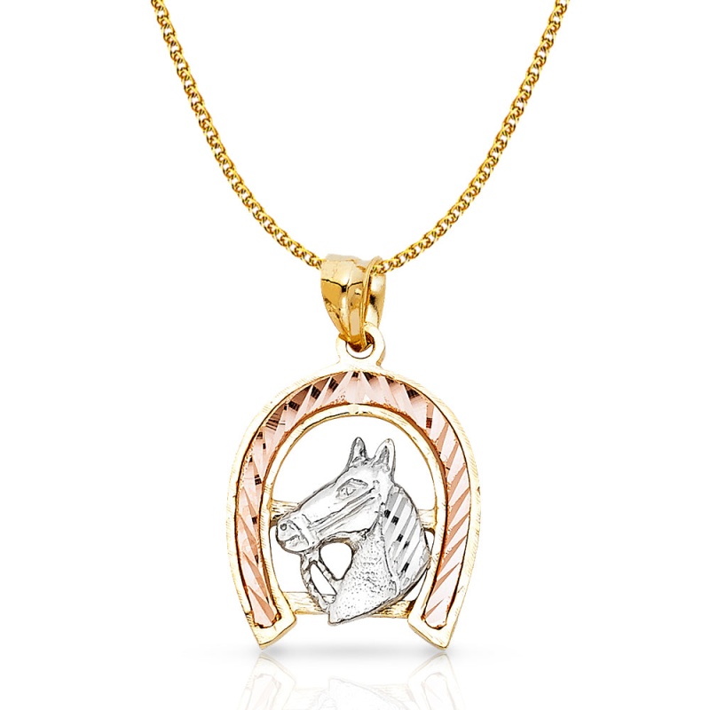 14K Gold Lucky Horseshoe Charm Pendant With 1.7Mm Flat Open Wheat Chain Necklace