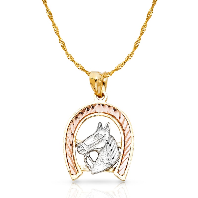 14K Gold Lucky Horseshoe Charm Pendant With 1.8Mm Singapore Chain Necklace