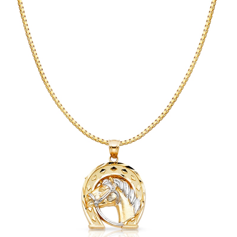 14K Gold Lucky Horseshoe Charm Pendant With 1.2Mm Box Chain Necklace