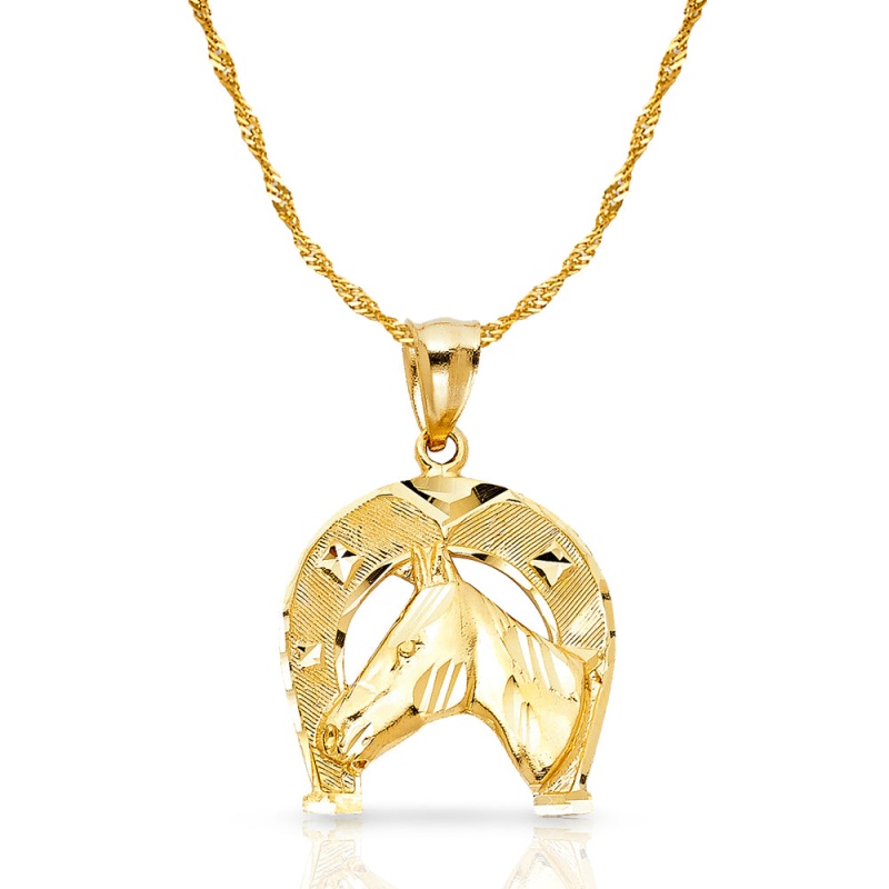 14K Gold Lucky Horseshoe Charm Pendant With 1.8Mm Singapore Chain Necklace