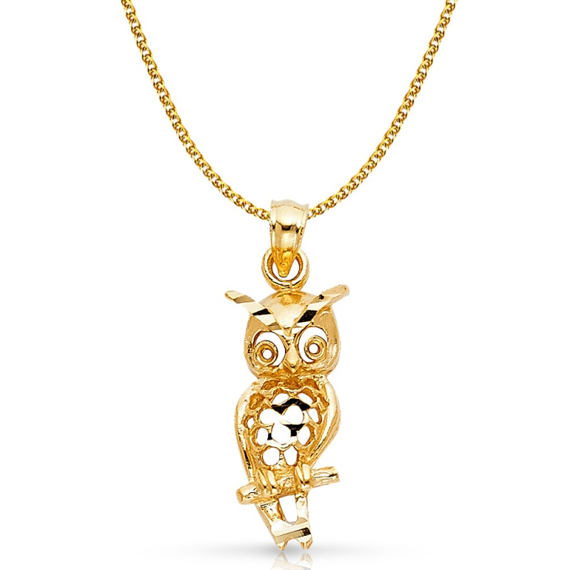 14K Gold Owl Charm Pendant With 1.7Mm Flat Open Wheat Chain Necklace