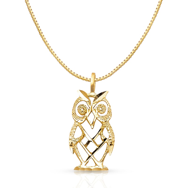 14K Gold Owl Charm Pendant With 0.8Mm Box Chain Necklace
