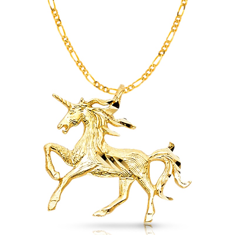 14K Gold Unicorn Charm Pendant With 2.3Mm Figaro 3+1 Chain Necklace