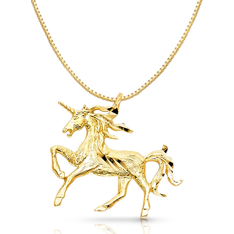 14K Gold Unicorn Charm Pendant With 0.8Mm Box Chain Necklace