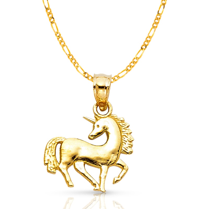 14K Gold Unicorn Charm Pendant With 2.3Mm Figaro 3+1 Chain Necklace