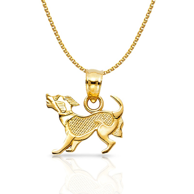 14K Gold Puppy Charm Pendant With 1.7Mm Flat Open Wheat Chain Necklace