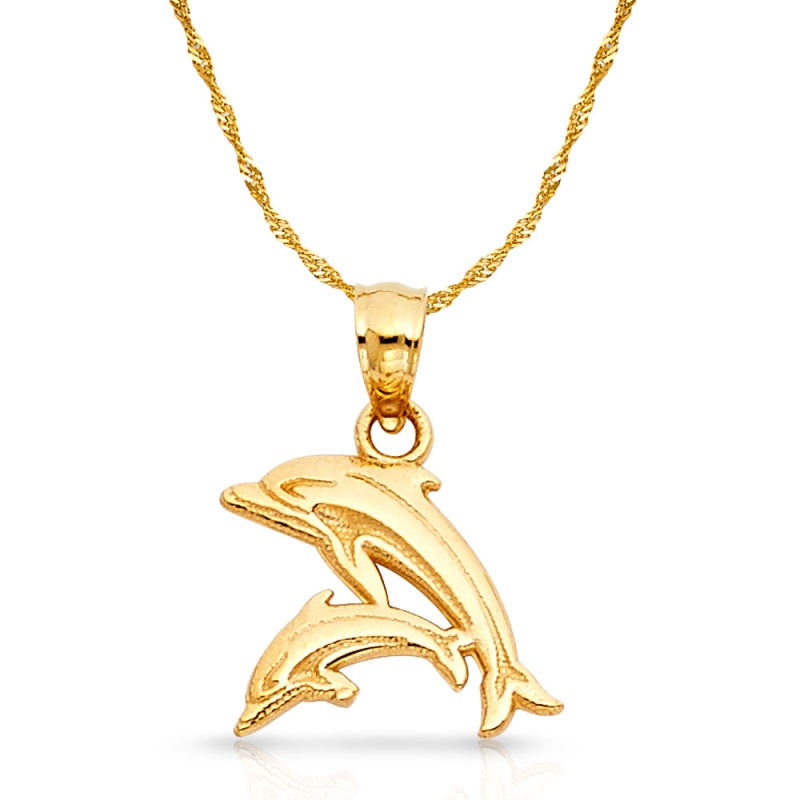14K Gold Dolphin Charm Pendant With 1.8Mm Singapore Chain Necklace