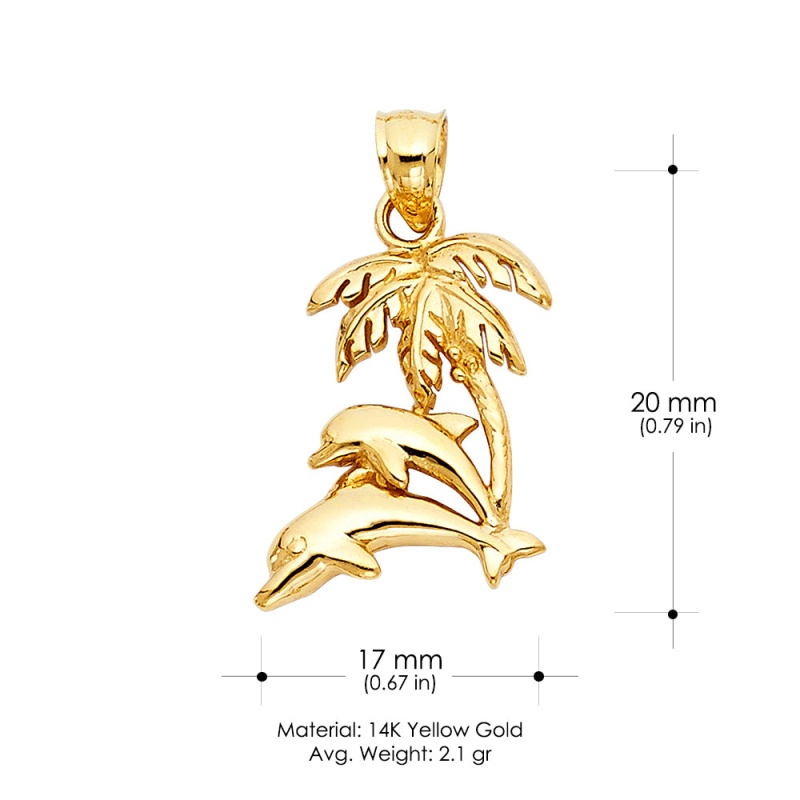 14K Gold Dolphin & Palm Tree Charm Pendant