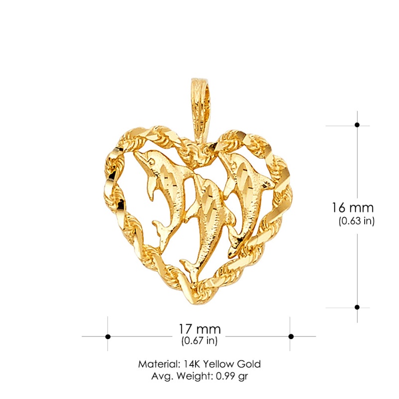 14K Gold Heart With Dolphin Charm Pendant With 0.8Mm Box Chain Necklace