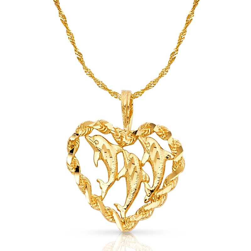 14K Gold Heart With Dolphin Charm Pendant With 1.8Mm Singapore Chain Necklace