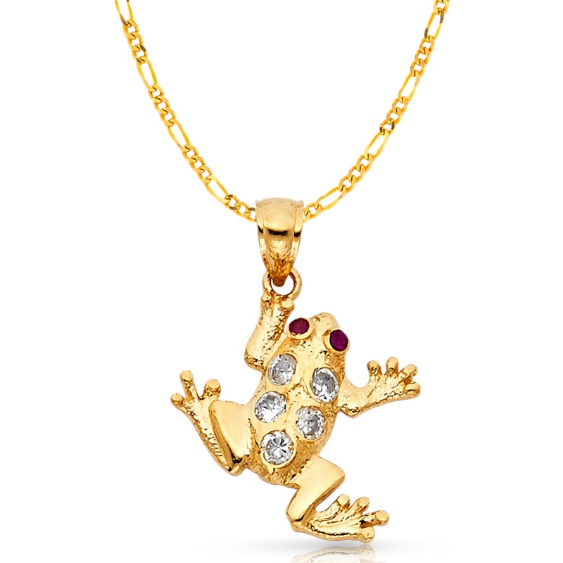 14K Gold Cz Frog Charm Pendant With 3.1Mm Figaro 3+1 Chain Necklace