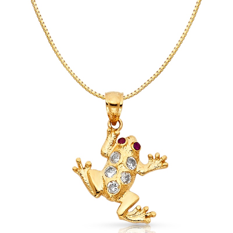 14K Gold Cz Frog Charm Pendant With 0.8Mm Box Chain Necklace