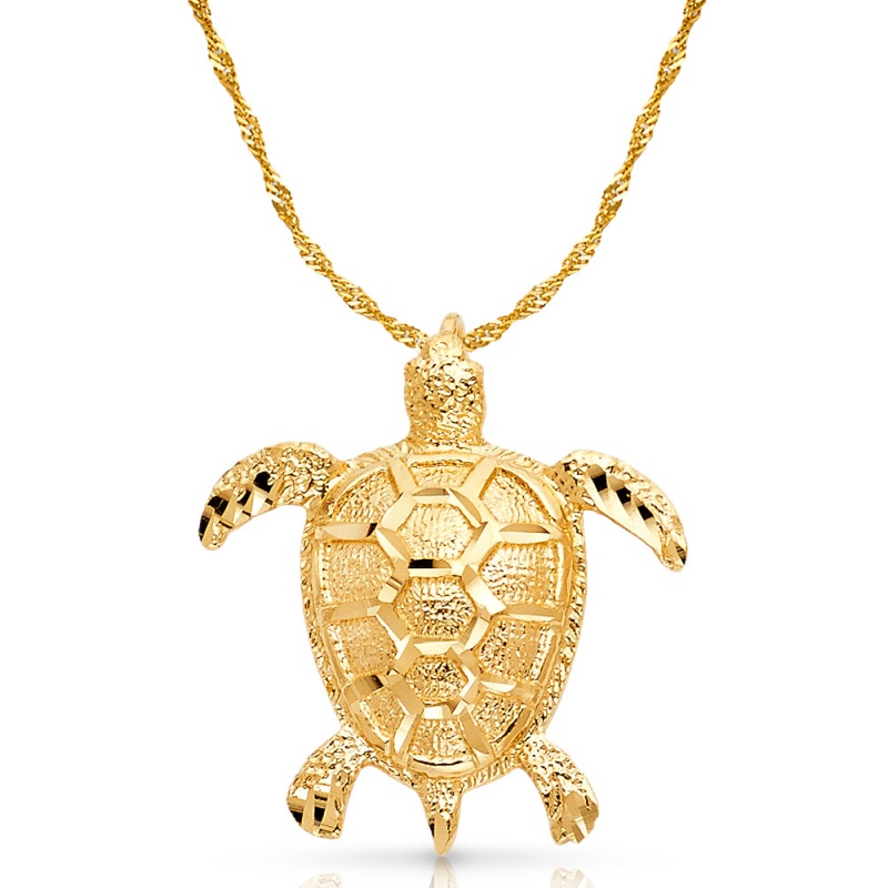 14K Gold Turtle Charm Pendant With 1.8Mm Singapore Chain Necklace