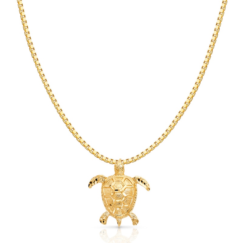 14K Gold Turtle Charm Pendant With 1.2Mm Box Chain Necklace