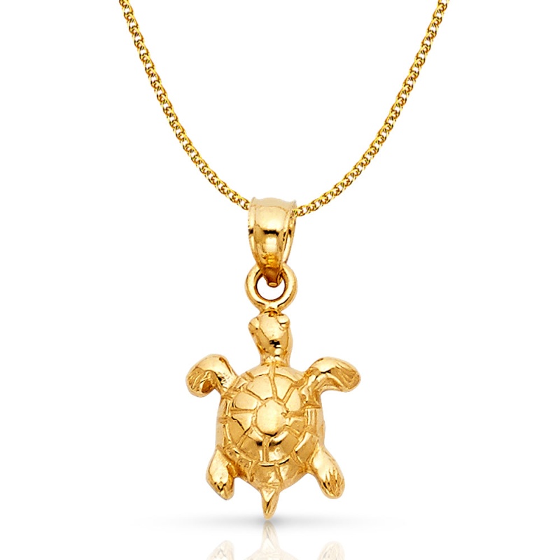14K Gold Turtle Charm Pendant With 1.5Mm Flat Open Wheat Chain Necklace