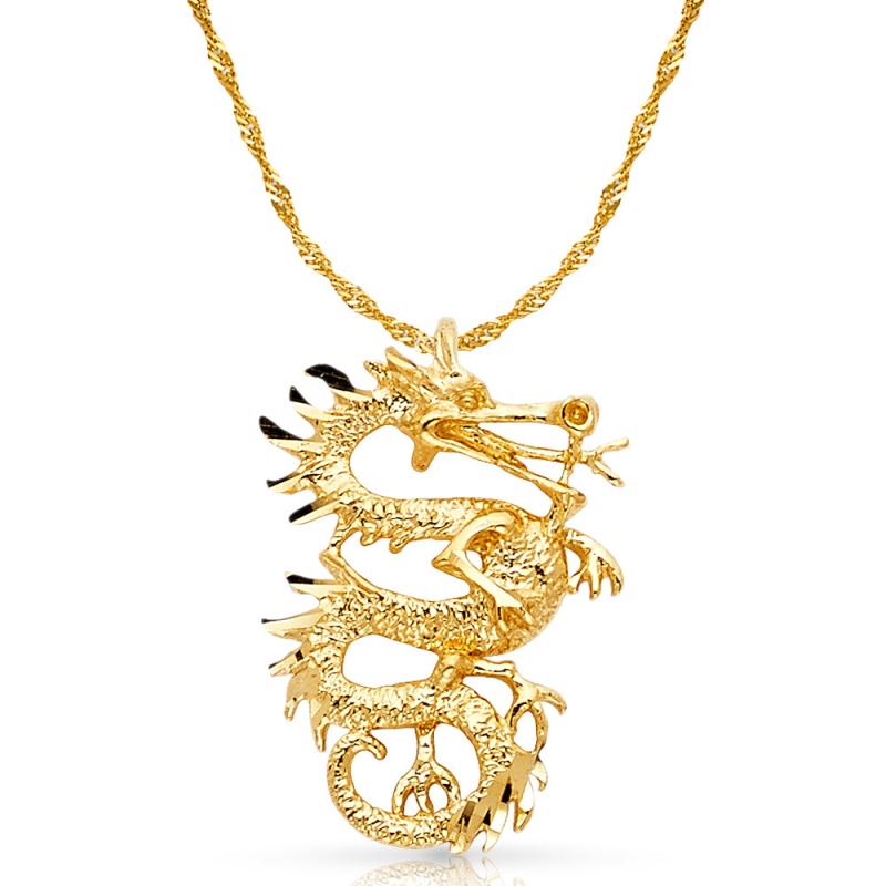 14K Gold Dragon Charm Pendant With 1.2Mm Singapore Chain Necklace