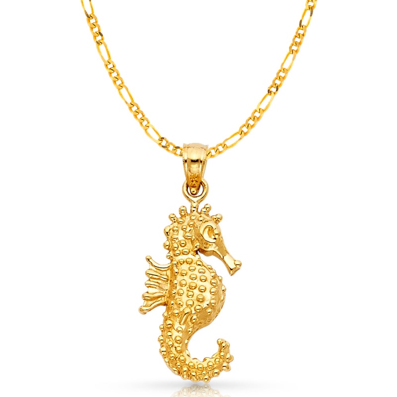 14K Gold Sea Horse Charm Pendant With 2.3Mm Figaro 3+1 Chain Necklace
