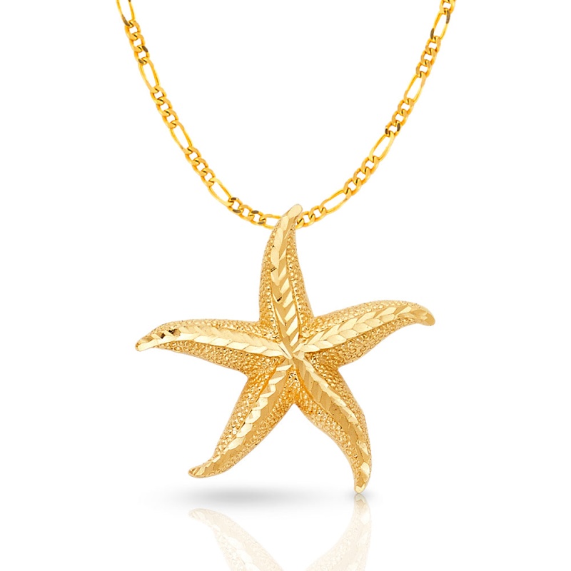 14K Gold Starfish Charm Pendant With 3.1Mm Figaro 3+1 Chain Necklace