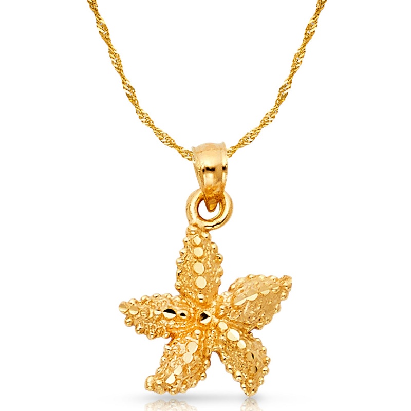 14K Gold Starfish Charm Pendant With 1.2Mm Singapore Chain Necklace