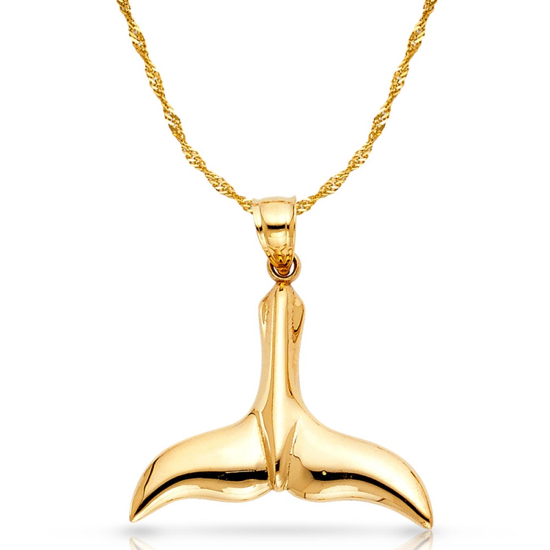 14K Gold Tail Of Dolphin Charm Pendant With 1.2Mm Singapore Chain Necklace