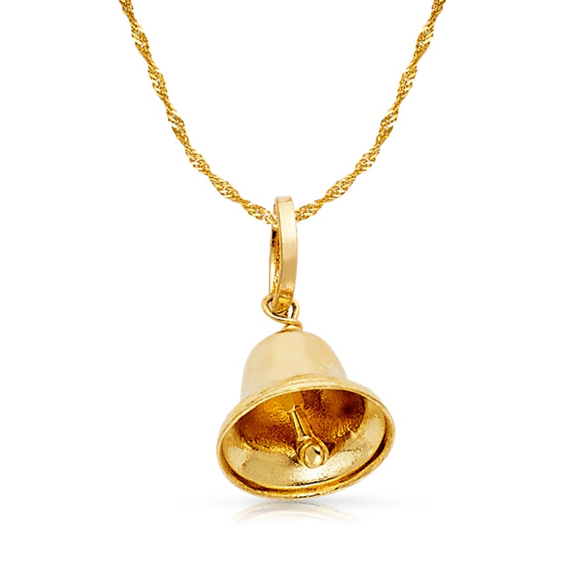 14K Gold Bell Charm Pendant With 0.9Mm Singapore Chain Necklace