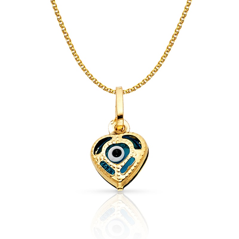 14K Gold Evil Eye Heart Charm Pendant With 1.2Mm Flat Open Wheat Chain Necklace