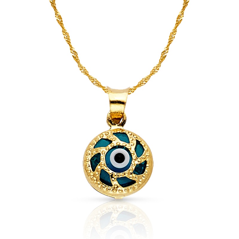 14K Gold Evil Eye Charm Pendant With 0.9Mm Singapore Chain Necklace