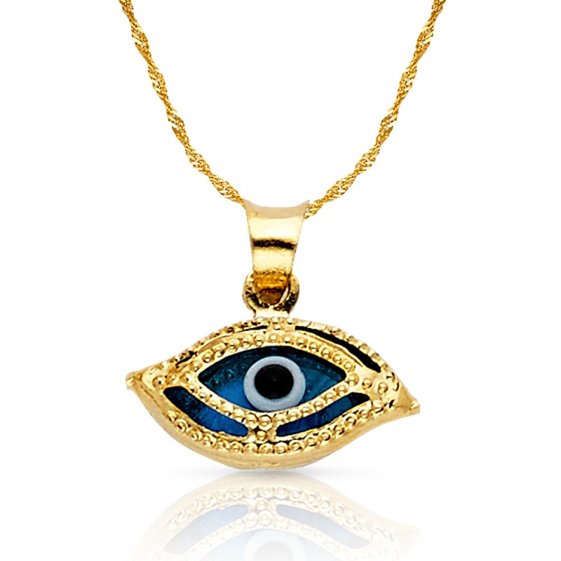 14K Gold Evil Eye Charm Pendant With 0.9Mm Singapore Chain Necklace