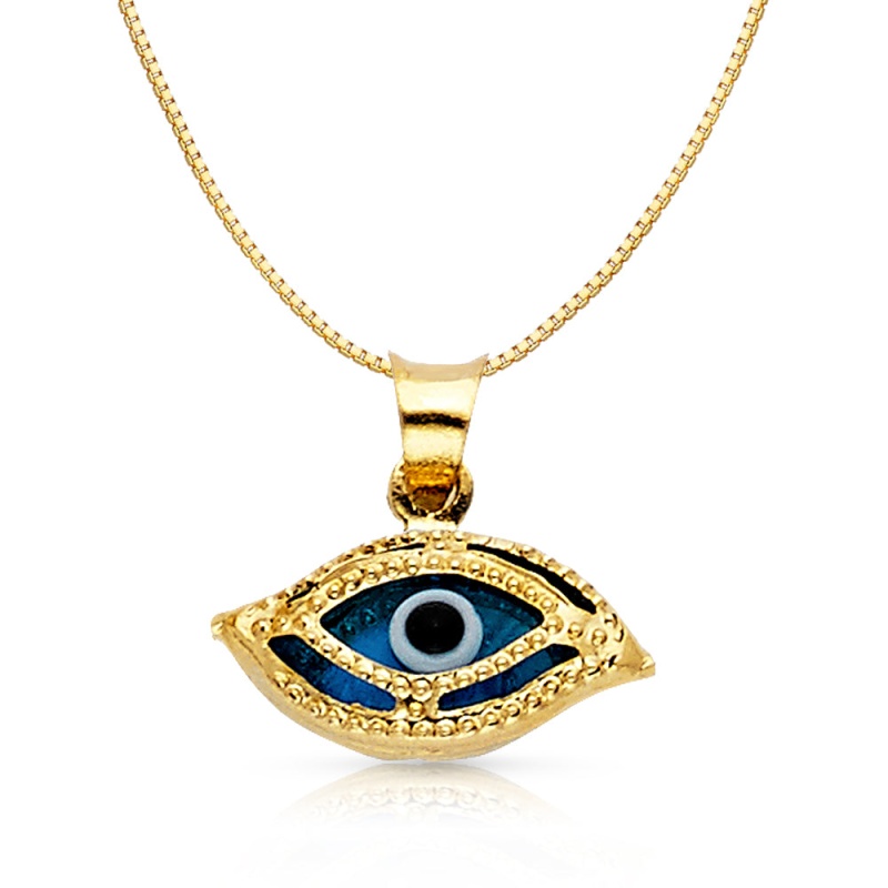 14K Gold Evil Eye Charm Pendant With 0.8Mm Box Chain Necklace