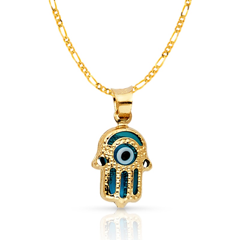 14K Gold Evil Eye Hamsa Charm Pendant With 1.6Mm Figaro 3+1 Chain Necklace