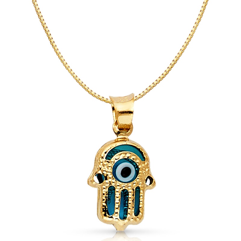 14K Gold Evil Eye Hamsa Charm Pendant With 0.8Mm Box Chain Necklace