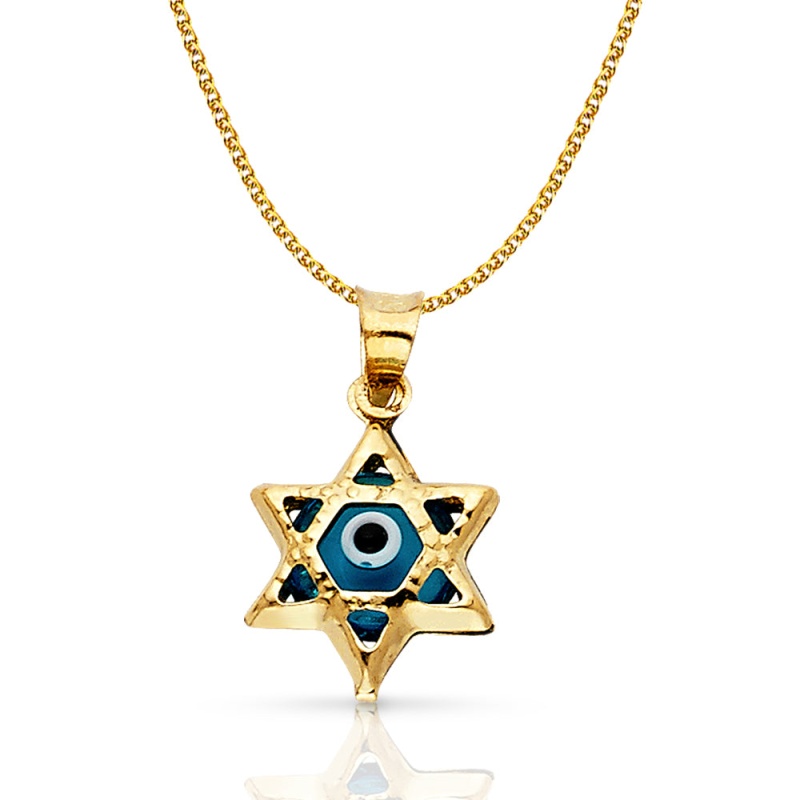 14K Gold Evil Eye Star Charm Pendant With 1.2Mm Flat Open Wheat Chain Necklace