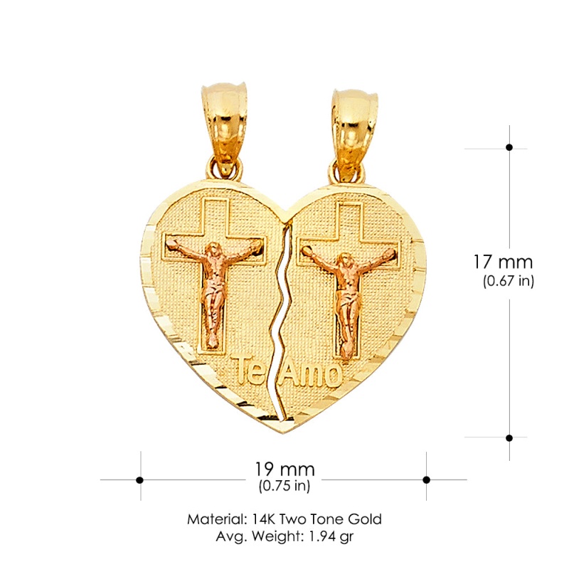 14K Gold Te Amo Heart 2 Piece Charm Pendant