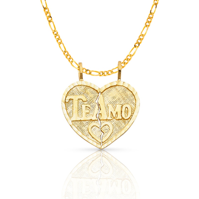 14K Gold Te Amo Heart 2 Piece Charm Pendant With 2.3Mm Figaro 3+1 Chain Necklace