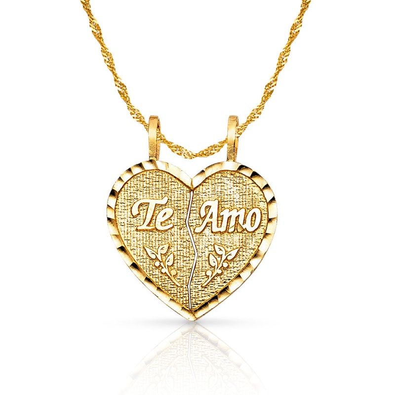 14K Gold Te Amo Heart 2 Piece Charm Pendant With 1.2Mm Singapore Chain Necklace