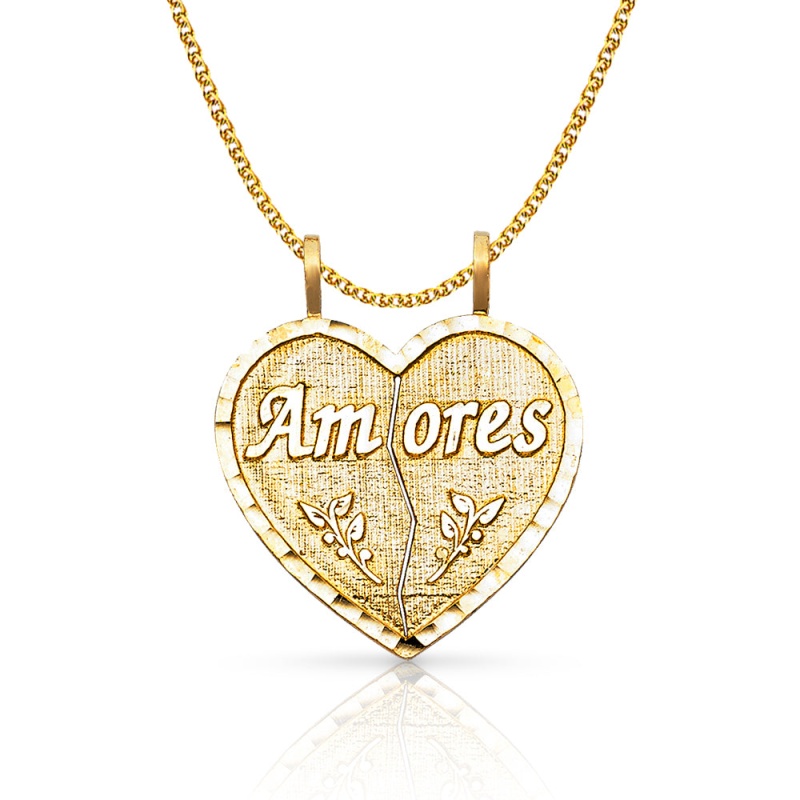 14K Gold Te Amo Heart 2 Piece Charm Pendant With 1.5Mm Flat Open Wheat Chain Necklace