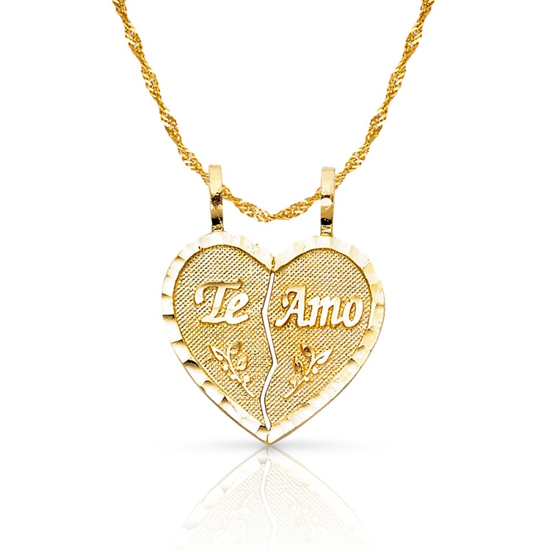 14K Gold Te Amo Heart 2 Piece Charm Pendant With 1.2Mm Singapore Chain Necklace