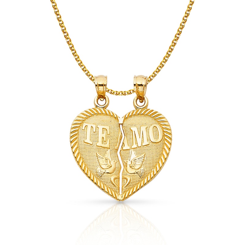 14K Gold Te Amo Heart 2 Piece Charm Pendant With 1.5Mm Flat Open Wheat Chain Necklace